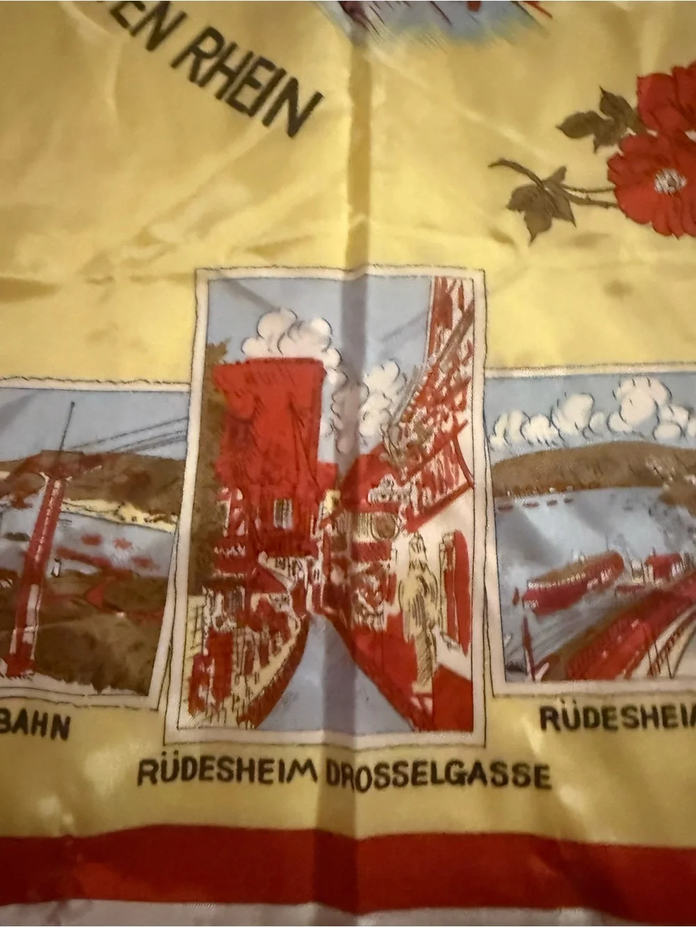 Yellow Scenic Rhine Souvenir Scarf with Red Floral Accents